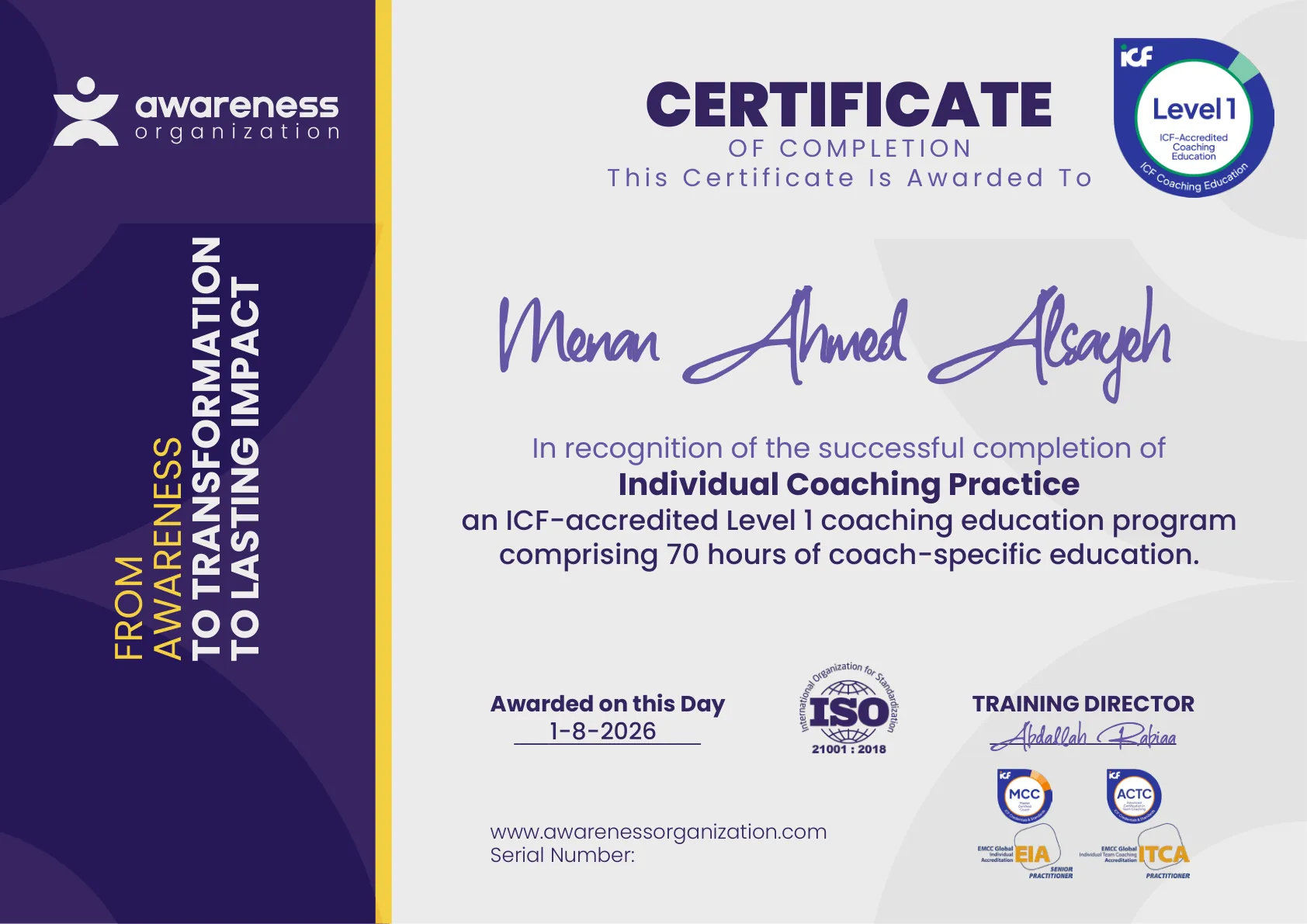 ICF Certificate of Completion - Individual Coaching Practice